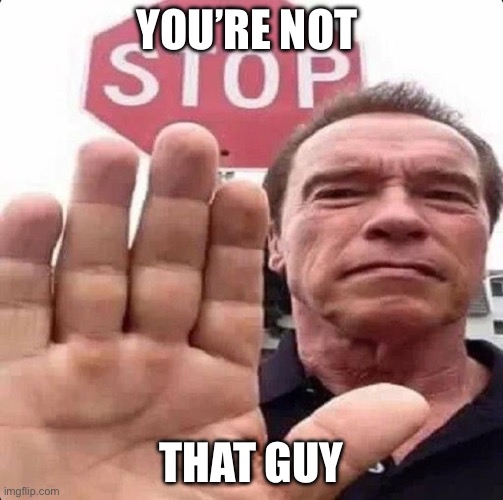 guy in front of stop sign | YOU’RE NOT; THAT GUY | image tagged in guy in front of stop sign | made w/ Imgflip meme maker
