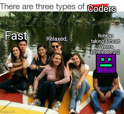 There are 3 types of coders | Coders; Relaxed, Fast; Robtop taking almost 7 years to release 2.2 | image tagged in three type of man | made w/ Imgflip meme maker