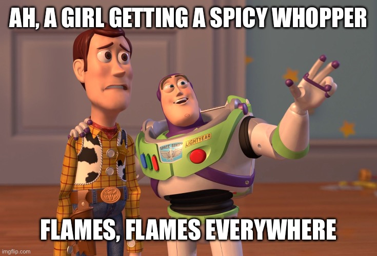 X, X Everywhere Meme | AH, A GIRL GETTING A SPICY WHOPPER; FLAMES, FLAMES EVERYWHERE | image tagged in memes,x x everywhere | made w/ Imgflip meme maker