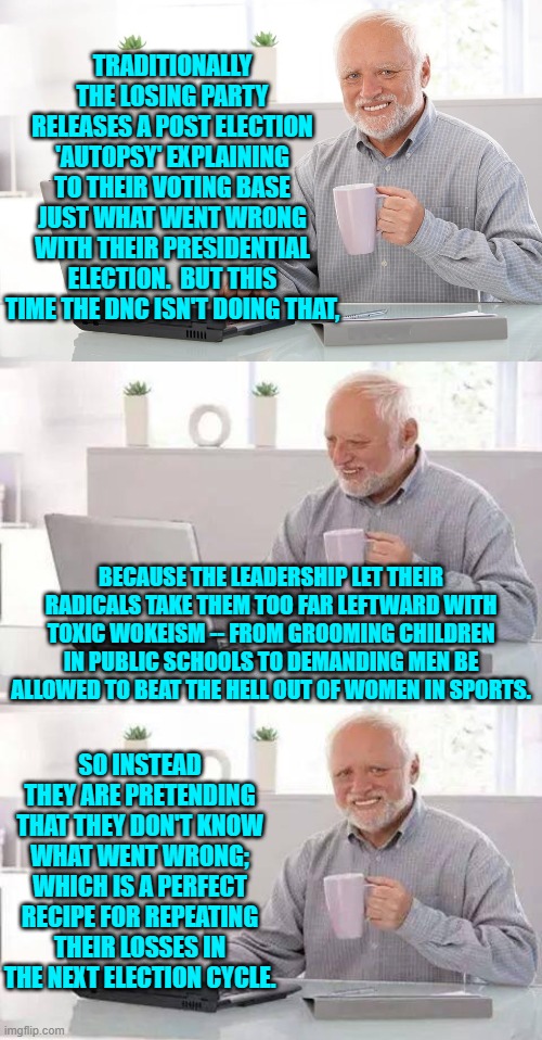 Go for it leftists.  Learning from your blatant errors is loser talk, yes? | TRADITIONALLY THE LOSING PARTY RELEASES A POST ELECTION 'AUTOPSY' EXPLAINING TO THEIR VOTING BASE JUST WHAT WENT WRONG WITH THEIR PRESIDENTIAL ELECTION.  BUT THIS TIME THE DNC ISN'T DOING THAT, BECAUSE THE LEADERSHIP LET THEIR RADICALS TAKE THEM TOO FAR LEFTWARD WITH TOXIC WOKEISM -- FROM GROOMING CHILDREN IN PUBLIC SCHOOLS TO DEMANDING MEN BE ALLOWED TO BEAT THE HELL OUT OF WOMEN IN SPORTS. SO INSTEAD THEY ARE PRETENDING THAT THEY DON'T KNOW WHAT WENT WRONG; WHICH IS A PERFECT RECIPE FOR REPEATING THEIR LOSSES IN THE NEXT ELECTION CYCLE. | image tagged in hide the pain harold | made w/ Imgflip meme maker