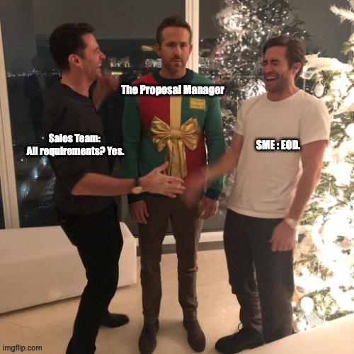 ryanrfp | The Proposal Manager; Sales Team: 
All requirements? Yes. SME : EOD. | image tagged in ryan reynolds sweater party | made w/ Imgflip meme maker