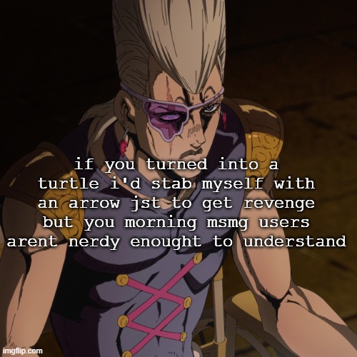 Polnareff.. | if you turned into a turtle i'd stab myself with an arrow jst to get revenge but you morning msmg users arent nerdy enought to understand | image tagged in polnareff | made w/ Imgflip meme maker