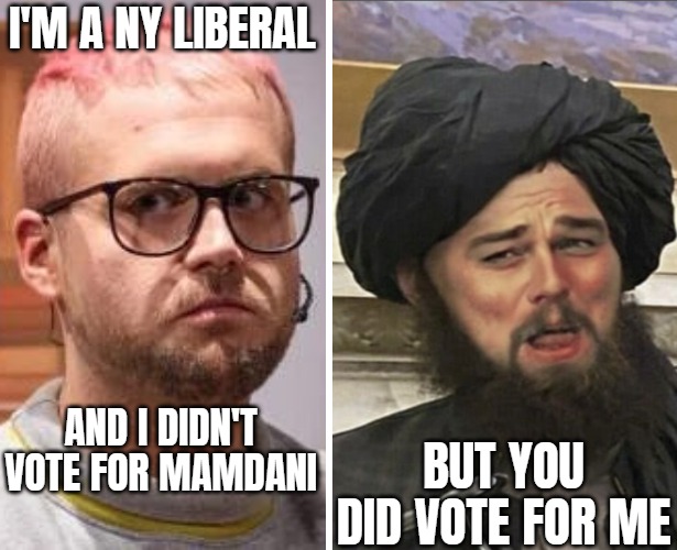 I'M A NY LIBERAL; AND I DIDN'T VOTE FOR MAMDANI; BUT YOU DID VOTE FOR ME | image tagged in dicaprio laugh taliban,liberals,new york,american politics,muslims | made w/ Imgflip meme maker