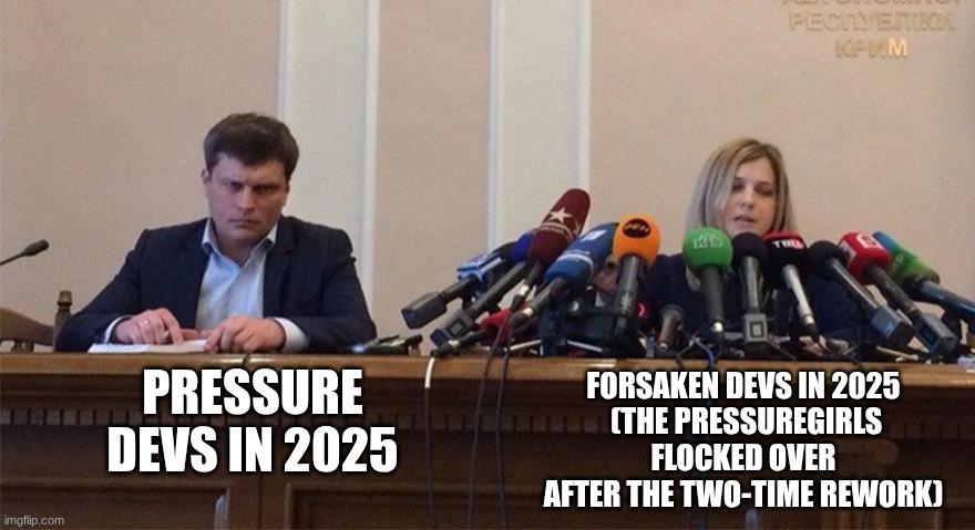 Justice for Pressure | PRESSURE DEVS IN 2025; FORSAKEN DEVS IN 2025
 (THE PRESSUREGIRLS FLOCKED OVER AFTER THE TWO-TIME REWORK) | image tagged in man and woman microphone | made w/ Imgflip meme maker