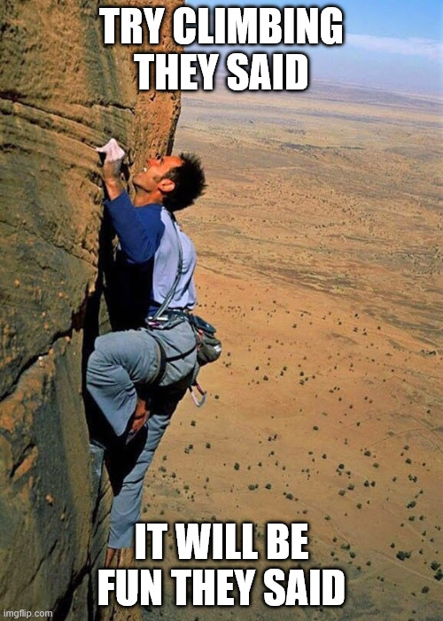 It will be fun they said | TRY CLIMBING THEY SAID; IT WILL BE FUN THEY SAID | image tagged in climbing,lattice climbing,memes,free climbing,latticeclimbing,climbing memes | made w/ Imgflip meme maker