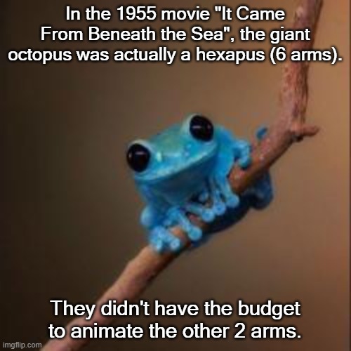 Fun Fact Frog | In the 1955 movie "It Came From Beneath the Sea", the giant octopus was actually a hexapus (6 arms). They didn't have the budget to animate  | image tagged in fun fact frog | made w/ Imgflip meme maker