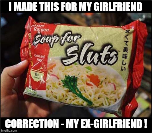 I Thought It Would Be Funny - I Was Wrong ! | I MADE THIS FOR MY GIRLFRIEND; CORRECTION - MY EX-GIRLFRIEND ! | image tagged in foreign,soup,sluts,ex girlfriend | made w/ Imgflip meme maker