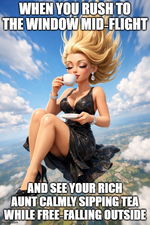 plummeting rich aunt | WHEN YOU RUSH TO THE WINDOW MID‑FLIGHT; AND SEE YOUR RICH AUNT CALMLY SIPPING TEA WHILE FREE‑FALLING OUTSIDE | image tagged in plummeting rich aunt | made w/ Imgflip meme maker
