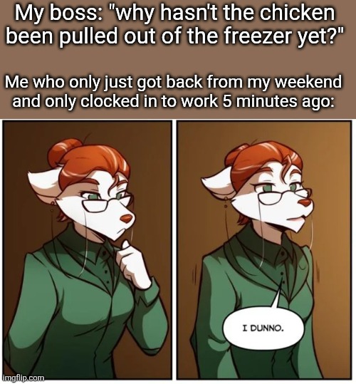 Like why are you asking me? Lol (art by Thomas fishbach) | My boss: "why hasn't the chicken been pulled out of the freezer yet?"; Me who only just got back from my weekend and only clocked in to work 5 minutes ago: | image tagged in rose i dunno,furry,twokinds | made w/ Imgflip meme maker