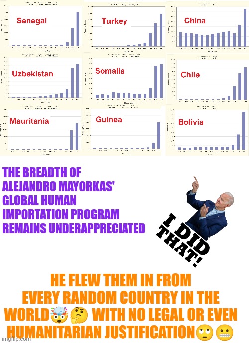 Alejandro Mayorka's illegal importation program | THE BREADTH OF ALEJANDRO MAYORKAS' GLOBAL HUMAN IMPORTATION PROGRAM REMAINS UNDERAPPRECIATED; HE FLEW THEM IN FROM EVERY RANDOM COUNTRY IN THE WORLD🤯🤔 WITH NO LEGAL OR EVEN HUMANITARIAN JUSTIFICATION🙄😬 | image tagged in illegal immigration,open borders | made w/ Imgflip meme maker
