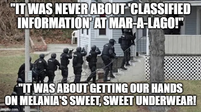 FBI Raid | "IT WAS NEVER ABOUT 'CLASSIFIED INFORMATION' AT MAR-A-LAGO!" "IT WAS ABOUT GETTING OUR HANDS ON MELANIA'S SWEET, SWEET UNDERWEAR! | image tagged in fbi raid | made w/ Imgflip meme maker