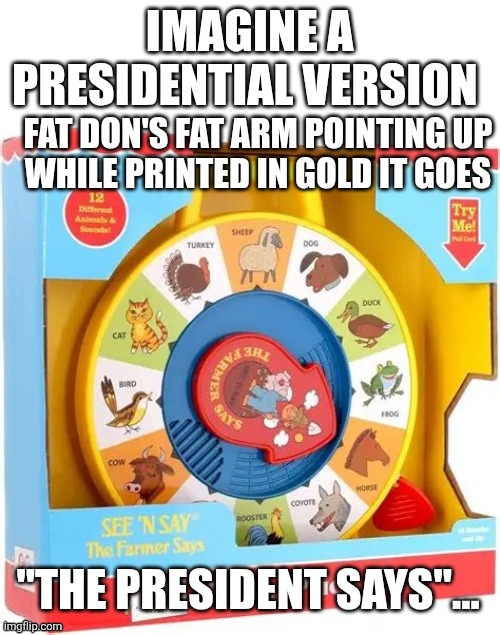 IMAGINE A PRESIDENTIAL VERSION; FAT DON'S FAT ARM POINTING UP
WHILE PRINTED IN GOLD IT GOES; "THE PRESIDENT SAYS"... | made w/ Imgflip meme maker