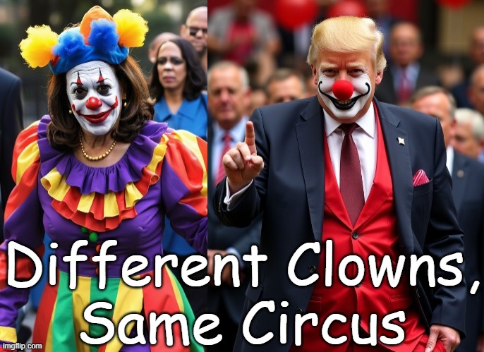 Different Clowns, same circus - Kamala Harris Donald Trump | Different Clowns,
Same Circus | image tagged in different clowns same circus - kamala harris donald trump | made w/ Imgflip meme maker