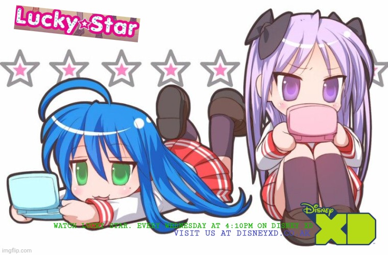 Disney XD Lucky Star 2010 poster | VISIT US AT DISNEYXD.CO.AK; WATCH LUCKY STAR. EVERY WEDNESDAY AT 4:10PM ON DISNEY XD | image tagged in konata and kagami are twins lol | made w/ Imgflip meme maker