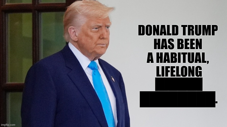 DONALD TRUMP 
HAS BEEN 
A HABITUAL, 
LIFELONG; █████
████████. | image tagged in trump,jeffrey epstein,redaction | made w/ Imgflip meme maker