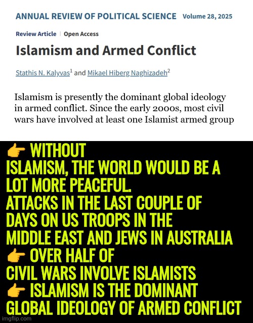 Without Islamism, the world would be a lot more peaceful | 👉 WITHOUT ISLAMISM, THE WORLD WOULD BE A LOT MORE PEACEFUL. 
ATTACKS IN THE LAST COUPLE OF DAYS ON US TROOPS IN THE MIDDLE EAST AND JEWS IN AUSTRALIA
👉 OVER HALF OF CIVIL WARS INVOLVE ISLAMISTS
👉 ISLAMISM IS THE DOMINANT GLOBAL IDEOLOGY OF ARMED CONFLICT | image tagged in islamism,armed conflict,peace,national security,western civilization | made w/ Imgflip meme maker