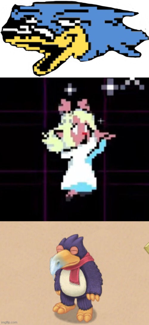 I have a theory | image tagged in berdly funny face,noelle's snowgrave,msm smiling pango | made w/ Imgflip meme maker