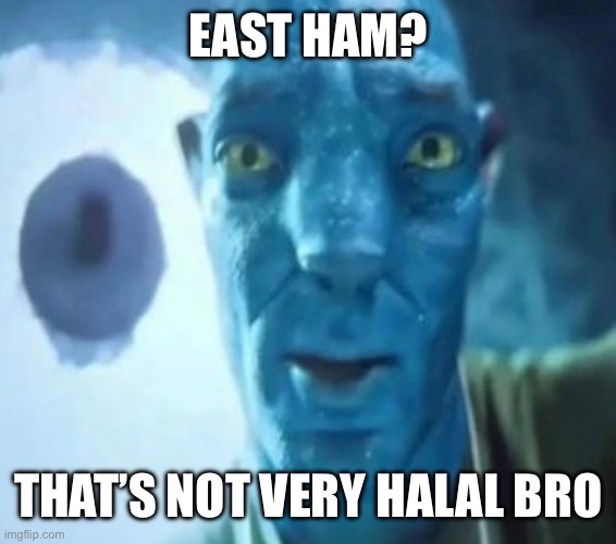 Avatar guy | EAST HAM? THAT’S NOT VERY HALAL BRO | image tagged in avatar guy | made w/ Imgflip meme maker
