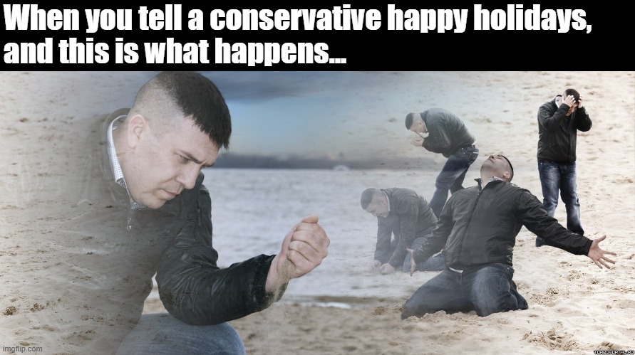 War on Christmas BS | When you tell a conservative happy holidays,
and this is what happens... | image tagged in guy with sand in the hands of despair,christmas,happy holidays | made w/ Imgflip meme maker