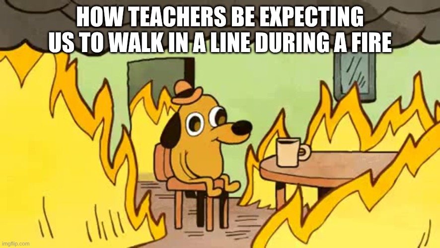 everythings-fine | HOW TEACHERS BE EXPECTING US TO WALK IN A LINE DURING A FIRE | image tagged in everythings-fine | made w/ Imgflip meme maker