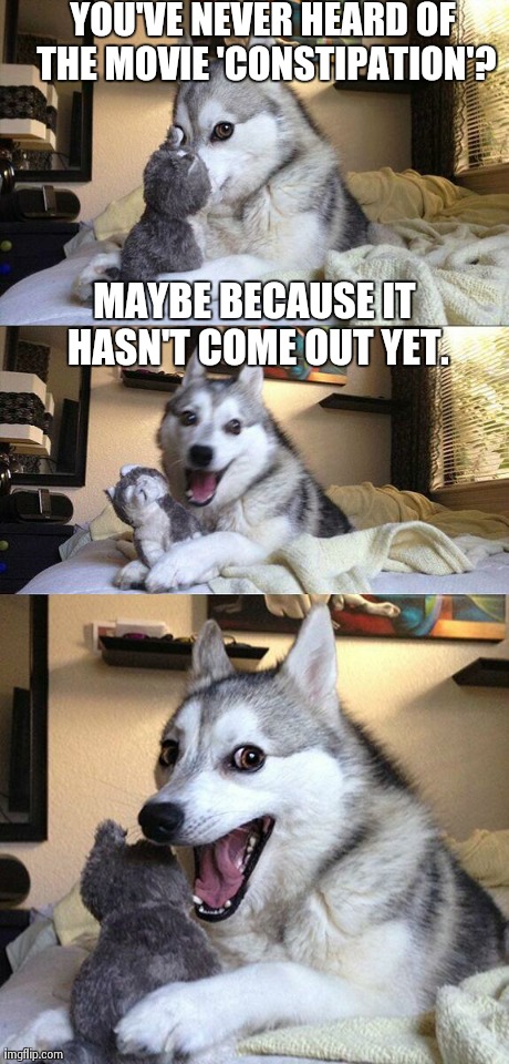 Bad Pun Dog | YOU'VE NEVER HEARD OF THE MOVIE 'CONSTIPATION'? MAYBE BECAUSE IT HASN'T COME OUT YET. | image tagged in memes,bad pun dog | made w/ Imgflip meme maker