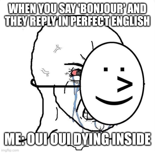 Dying inside | WHEN YOU SAY 'BONJOUR' AND THEY REPLY IN PERFECT ENGLISH; ME: OUI OUI DYING INSIDE | image tagged in dying inside | made w/ Imgflip meme maker