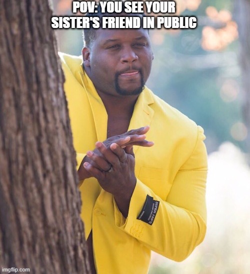 Relatable | POV: YOU SEE YOUR SISTER'S FRIEND IN PUBLIC | image tagged in black guy hiding behind tree | made w/ Imgflip meme maker