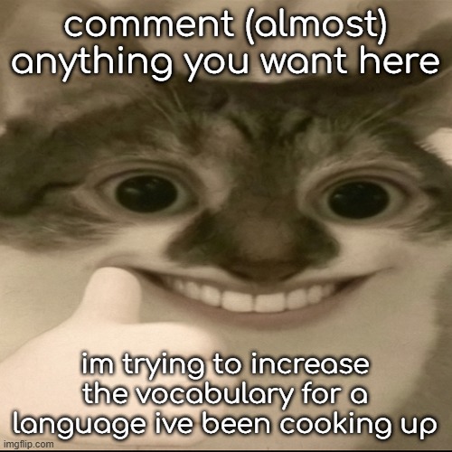 bombastic side eye cat v3 | comment (almost) anything you want here; im trying to increase the vocabulary for a language ive been cooking up | image tagged in bombastic side eye cat v3 | made w/ Imgflip meme maker