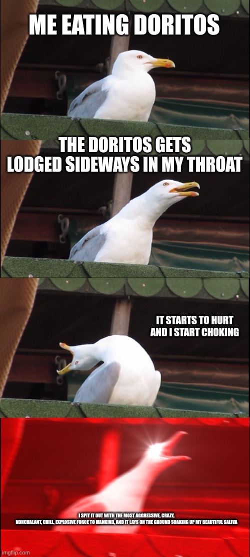 Real | ME EATING DORITOS; THE DORITOS GETS LODGED SIDEWAYS IN MY THROAT; IT STARTS TO HURT AND I START CHOKING; I SPIT IT OUT WITH THE MOST AGGRESSIVE, CRAZY, NONCHALANT, CHILL, EXPLOSIVE FORCE TO MANKIND, AND IT LAYS ON THE GROUND SOAKING UP MY BEAUTIFUL SALIVA | image tagged in memes,inhaling seagull | made w/ Imgflip meme maker