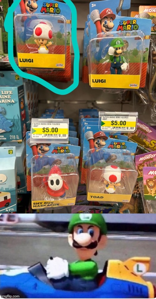 Toad Luigi | image tagged in angry luigi,toad,luigi,toys,you had one job,memes | made w/ Imgflip meme maker