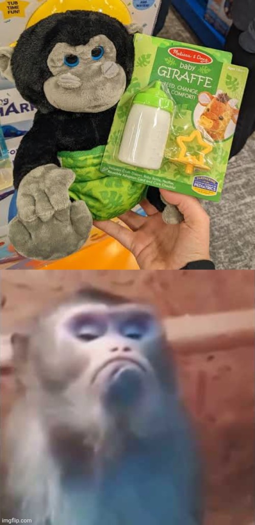 Not a baby Giraffe | image tagged in mad monkey,giraffe,you had one job,baby,toy,memes | made w/ Imgflip meme maker
