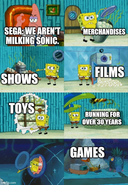 That's how Sega keeps milking their mascot Sonic every year | MERCHANDISES; SEGA: WE AREN'T MILKING SONIC. FILMS; SHOWS; TOYS; RUNNING FOR OVER 30 YEARS; GAMES | image tagged in spongebob diapers meme,sega,sega sammy,sonic the hedgehog,milking | made w/ Imgflip meme maker