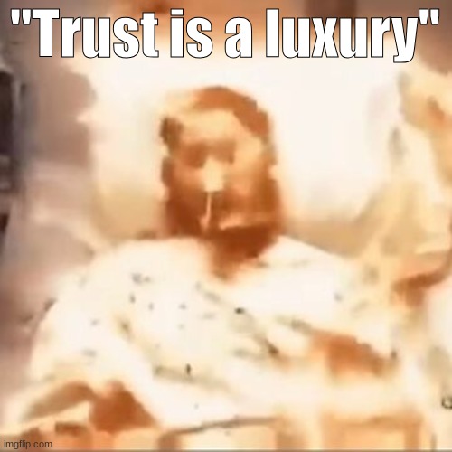 continuing this | "Trust is a luxury" | image tagged in markiplier on fire | made w/ Imgflip meme maker