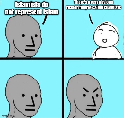 These dumbasses do know they're called ISLAMists for a reason, right? | There's a very obvious reason they're called ISLAMists; Islamists do not represent Islam | image tagged in npc meme | made w/ Imgflip meme maker
