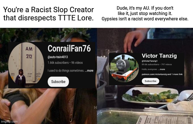 The Victor Tanzig Situation is Pathetic | You're a Racist Slop Creator that disrespects TTTE Lore. Dude, it's my AU. If you don't like it, just stop watching it. Gypsies isn't a racist word everywhere else. | image tagged in memes,woman yelling at cat | made w/ Imgflip meme maker