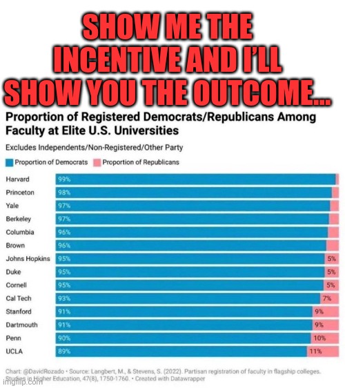 Proportion of registered Republican/Democrat elite university faculty | SHOW ME THE INCENTIVE AND I’LL SHOW YOU THE OUTCOME… | image tagged in university,ivy league,diversity of thought,republican,democrat,faculty | made w/ Imgflip meme maker
