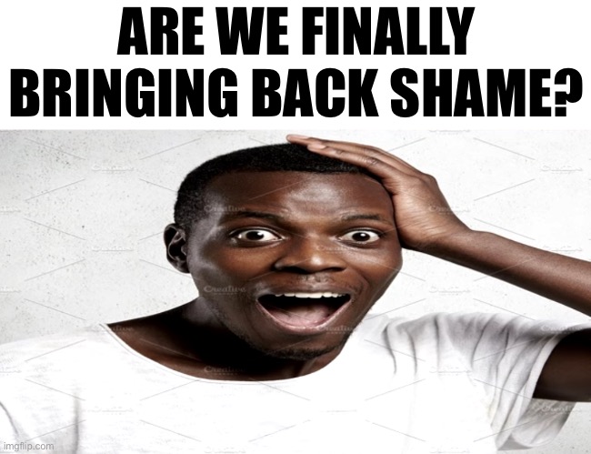 Black man surprised | ARE WE FINALLY BRINGING BACK SHAME? | image tagged in black man surprised | made w/ Imgflip meme maker