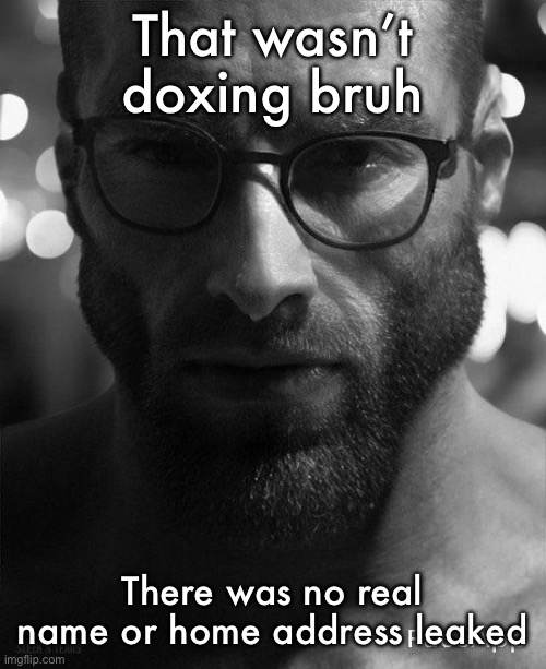Gigachad Staring With Glasses | That wasn’t doxing bruh; There was no real name or home address leaked | image tagged in gigachad staring with glasses | made w/ Imgflip meme maker