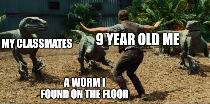 Worm | MY CLASSMATES; 9 YEAR OLD ME; A WORM I FOUND ON THE FLOOR | image tagged in jurassic world,worms | made w/ Imgflip meme maker
