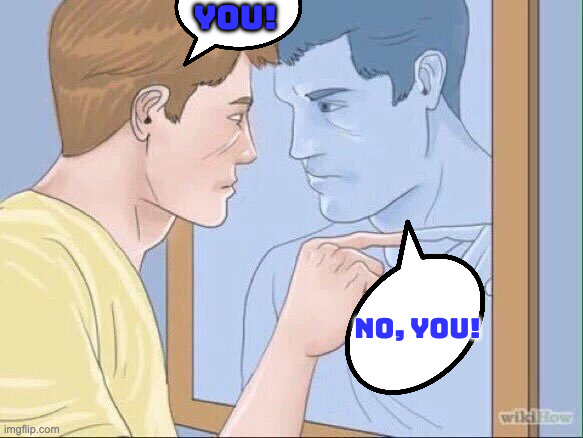 Man pointing in mirror | YOU! NO, YOU! | image tagged in man pointing in mirror | made w/ Imgflip meme maker