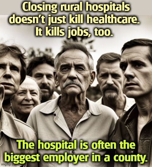 Closing rural hospitals doesn't just kill healthcare. 
It kills jobs, too. The hospital is often the biggest employer in a county. | image tagged in trump,hospitals,healthcare,unemployment,red state,maga | made w/ Imgflip meme maker