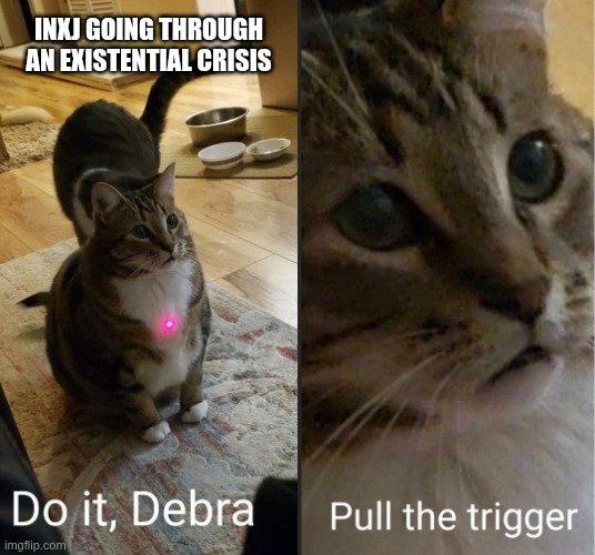 Ni Overload | INXJ GOING THROUGH AN EXISTENTIAL CRISIS | image tagged in do it debra pull the trigger,infj,intj,mbti,myers briggs,memes | made w/ Imgflip meme maker