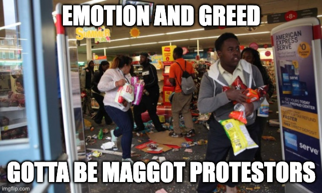looters | EMOTION AND GREED GOTTA BE MAGGOT PROTESTORS | image tagged in looters | made w/ Imgflip meme maker