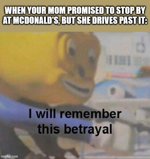 CRIME | WHEN YOUR MOM PROMISED TO STOP BY AT MCDONALD'S, BUT SHE DRIVES PAST IT: | image tagged in i will remember this betrayal | made w/ Imgflip meme maker
