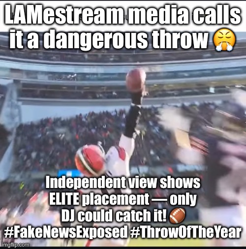 The LAMEstream media says this was a dangerous, ill-advised throw... | LAMestream media calls it a dangerous throw 😤; Independent view shows ELITE placement — only DJ could catch it! 🏈 #FakeNewsExposed #ThrowOfTheYear | image tagged in nfl football,msm lies,mainstream media,nfl memes,nfl,football meme | made w/ Imgflip meme maker