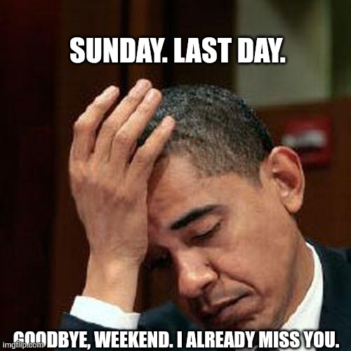 Obama Facepalm 250px | SUNDAY. LAST DAY. GOODBYE, WEEKEND. I ALREADY MISS YOU. | image tagged in obama facepalm 250px,funny memes,sunday,memes,goodbye weekend | made w/ Imgflip meme maker
