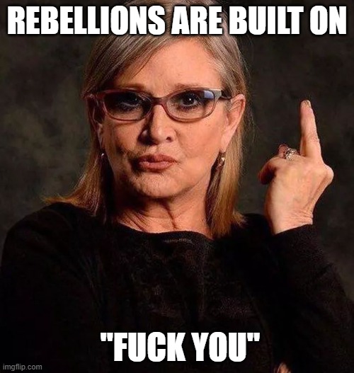 Rebellion | REBELLIONS ARE BUILT ON; "FUCK YOU" | image tagged in rebellion,carrie fisher,fuck you | made w/ Imgflip meme maker