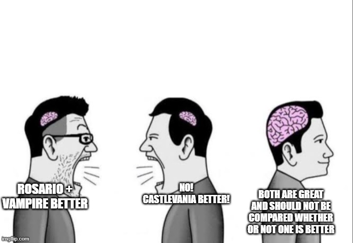 Rosario + Vampire meme 4 | ROSARIO + VAMPIRE BETTER; NO! CASTLEVANIA BETTER! BOTH ARE GREAT AND SHOULD NOT BE COMPARED WHETHER OR NOT ONE IS BETTER | image tagged in 2 dumbass arguing while a smartass is ignoring them,rosario vampire,anime,castlevania,vampire | made w/ Imgflip meme maker