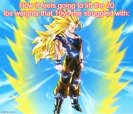i hope I'm not too late... | How it feels going to lift the 20 lbs weights that 10yo me struggled with: | image tagged in goku ssj3 | made w/ Imgflip meme maker