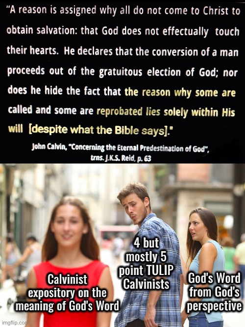 And yet they're the reverent all about God ones! Nope | 4 but mostly 5 point TULIP Calvinists; God's Word from God's perspective; Calvinist expository on the meaning of God's Word | image tagged in distracted boyfriend,calvinism,calvinist memes,anti calvinism,reformed theology,theological snobs | made w/ Imgflip meme maker